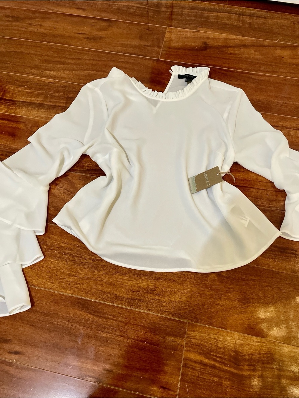 Forever 21 White Ruffle Neck Tiered Bell Sleeve Blouse